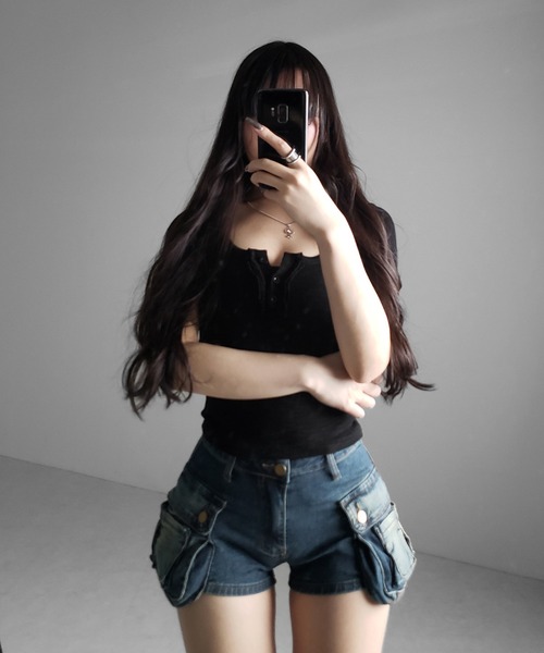 me+em select(ミームセレクト)の「【 ウエスト折り返し可能2WAY /3size 】ヴィンテージアウトポケットマイクロデニムショートパンツ / vintage out pocket micro denim short pants ※※(デニムパンツ・レディース・ブルー/ブラック・LARGE/MEDIUM/SMALL)」の18枚目の写真