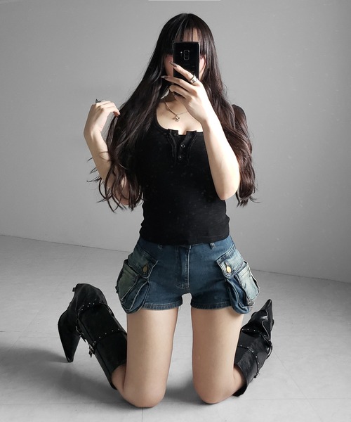 me+em select(ミームセレクト)の「【 ウエスト折り返し可能2WAY /3size 】ヴィンテージアウトポケットマイクロデニムショートパンツ / vintage out pocket micro denim short pants ※※(デニムパンツ・レディース・ブルー/ブラック・LARGE/MEDIUM/SMALL)」の20枚目の写真