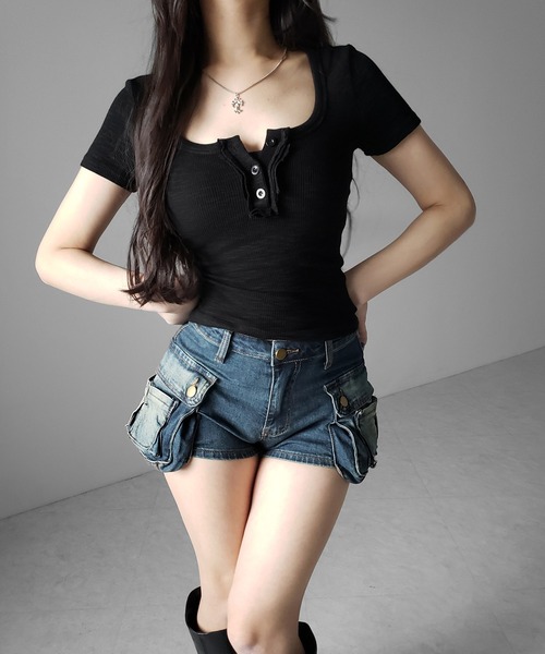 me+em select(ミームセレクト)の「【 ウエスト折り返し可能2WAY /3size 】ヴィンテージアウトポケットマイクロデニムショートパンツ / vintage out pocket micro denim short pants ※※(デニムパンツ・レディース・ブルー/ブラック・LARGE/MEDIUM/SMALL)」の22枚目の写真