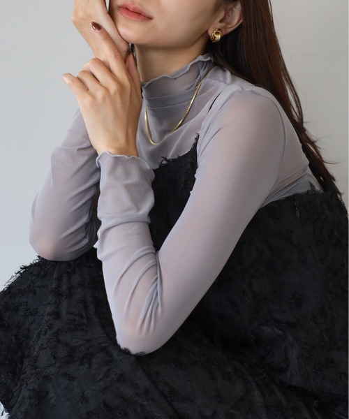 lulufa(ルルファ)の「シアーハイネックトップス ロングスリーブ メロートップス(Tシャツ/カットソー・レディース・グレー/ブラック/アイボリー/ホワイト・FREE)」の4枚目の写真