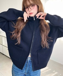 Wジップポケ付きニットブルゾン〈手洗い可能〉