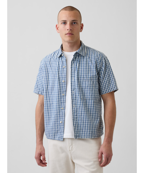 GAP(ギャップ)の「ギンガムチェック デニム リラックスフィット ストレートヘムシャツ(シャツ/ブラウス・メンズ・ブルー・XL/L/M/S/XS)」の1枚目の写真