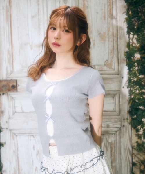 TITTY&CO.（ティティーアンドコー）の「フロントチェックリボントップス（Tシャツ/カットソー・レディース・ブルー/グレー/ネイビー・FREE）」の2枚目の写真