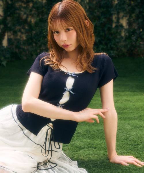 TITTY&CO.（ティティーアンドコー）の「フロントチェックリボントップス（Tシャツ/カットソー・レディース・ブルー/グレー/ネイビー・FREE）」の17枚目の写真