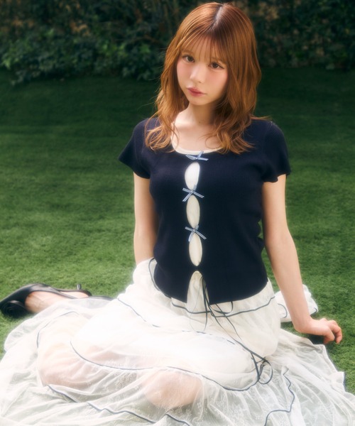 TITTY&CO.（ティティーアンドコー）の「フロントチェックリボントップス（Tシャツ/カットソー・レディース・ブルー/グレー/ネイビー・FREE）」の19枚目の写真