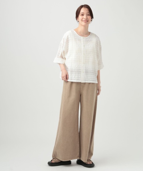 セール】ダブルフロントシアージャガードチェッククルーネックブラウス