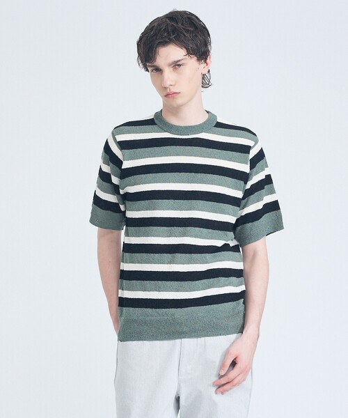 ABAHOUSE GRAY（アバハウスグレイ）の「ブークレー マルチボーダー ニットTシャツ（Tシャツ/カットソー・メンズ・ブラック/モスグリーン/ホワイト・50/48/46）」の3枚目の写真