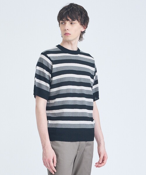 ABAHOUSE GRAY（アバハウスグレイ）の「ブークレー マルチボーダー ニットTシャツ（Tシャツ/カットソー・メンズ・ブラック/モスグリーン/ホワイト・50/48/46）」の2枚目の写真