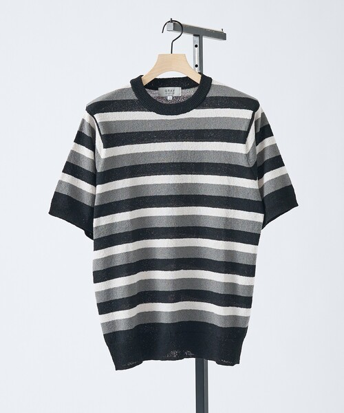 ABAHOUSE GRAY（アバハウスグレイ）の「ブークレー マルチボーダー ニットTシャツ（Tシャツ/カットソー・メンズ・ブラック/モスグリーン/ホワイト・50/48/46）」の8枚目の写真