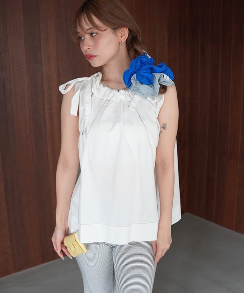 SANSeLF（サンセルフ）の「【SANSeLF】ショルダーリボンギャザーノースリーブブラウス saw26s062（シャツ/ブラウス・レディース・ピンク/ホワイト・FREE）」の9枚目の写真