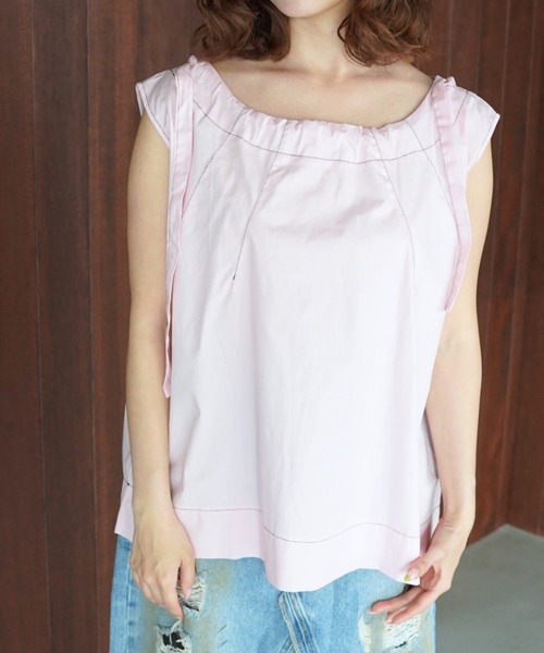 SANSeLF（サンセルフ）の「【SANSeLF】ショルダーリボンギャザーノースリーブブラウス saw26s062（シャツ/ブラウス・レディース・ピンク/ホワイト・FREE）」の5枚目の写真