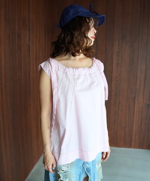 SANSeLF（サンセルフ）の「【SANSeLF】ショルダーリボンギャザーノースリーブブラウス saw26s062（シャツ/ブラウス・レディース・ピンク/ホワイト・FREE）」の4枚目の写真