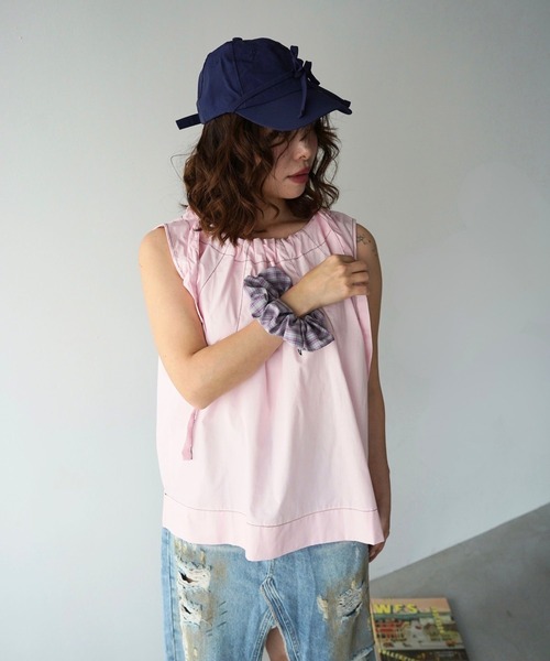 SANSeLF（サンセルフ）の「【SANSeLF】ショルダーリボンギャザーノースリーブブラウス saw26s062（シャツ/ブラウス・レディース・ピンク/ホワイト・FREE）」の8枚目の写真