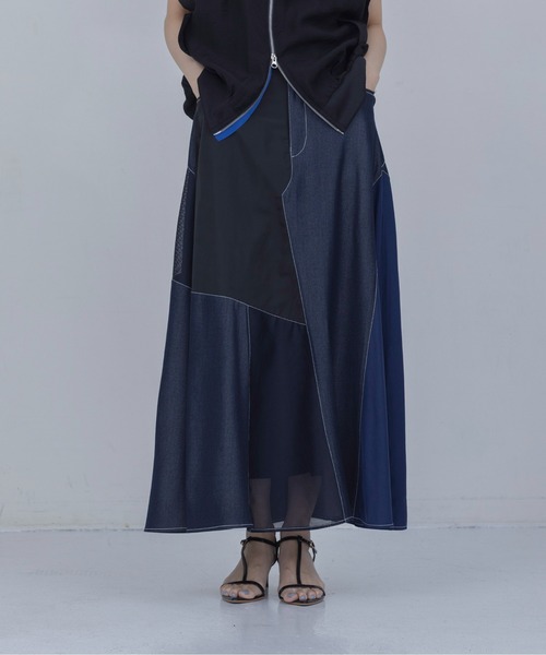 Eimee Law（エイミーロウ）の「4TEXパッチワークフレアスカート（スカート・レディース・ブラック/インディゴブルー・MEDIUM）」の8枚目の写真