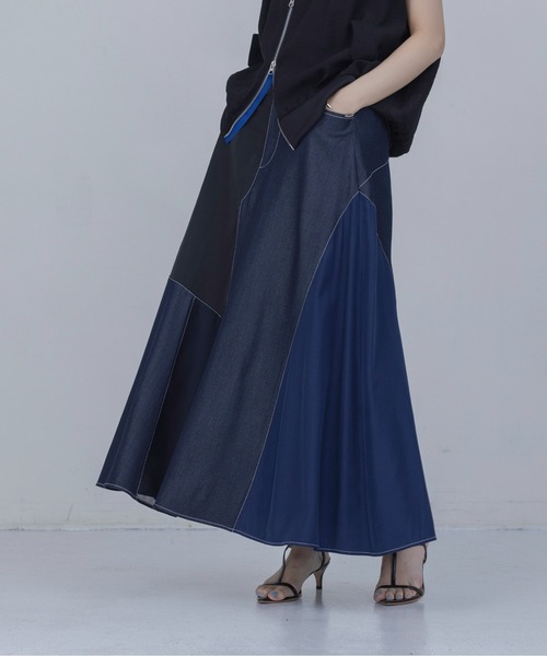 Eimee Law（エイミーロウ）の「4TEXパッチワークフレアスカート（スカート・レディース・ブラック/インディゴブルー・MEDIUM）」の10枚目の写真