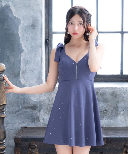 Tika(ティカ)の「キャバドレス ミニ フレア ノースリーブ リボン フロントジップ ビジュー ウエスト切替 セクシードレス(ドレス・レディース・ブルー/ピンク・XL/S/M/L)」の12枚目の写真