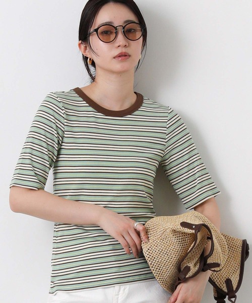 Gready Brilliant(グレディブリリアン)の「マルチボーダークルーネックカットソー(Tシャツ/カットソー・レディース・グリーン系/ブラウン系・38)」の1枚目の写真