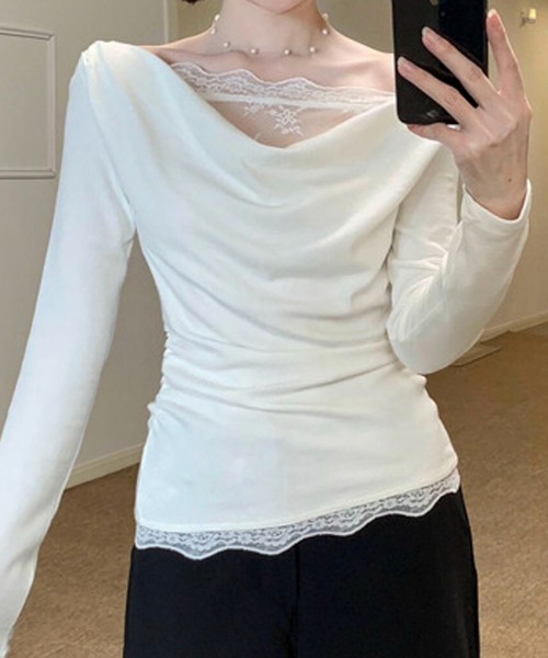 AVYL(アヴィル)の「レースドッキングドレープシャーリングトップス(Tシャツ/カットソー・レディース・オフホワイト・M)」の7枚目の写真