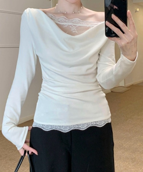 AVYL(アヴィル)の「レースドッキングドレープシャーリングトップス(Tシャツ/カットソー・レディース・オフホワイト・M)」の3枚目の写真
