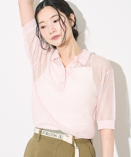 FREAK'S STORE(フリークスストア)の「FRUIT OF THE LOOM × FREAK'S STORE/フルーツオブザルーム 別注 透かし編みポロニット/サマーニット(ニット/セーター・レディース・ネイビー/オフホワイト/ピンク・フリ-)」の10枚目の写真
