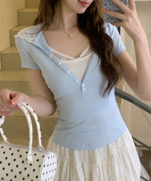 AMAJI(アマジ)の「レース切替 フード付き 半袖Tシャツ(Tシャツ/カットソー・レディース・ライトブルー・SMALL/MEDIUM/LARGE/X-LARGE)」の4枚目の写真