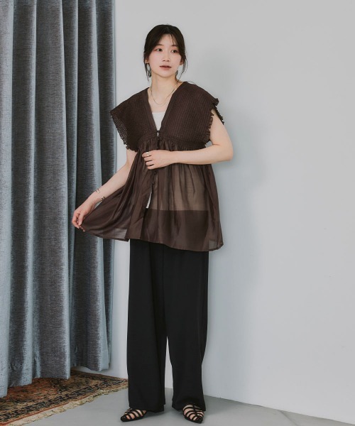 slattgir(スラットジール)の「高身長 シアーシャーリングチュニックブラウス(トールサイズ)Essenave(シャツ/ブラウス・レディース・ブルー/ブラウン・TLL/TL/TM/T3L)」の9枚目の写真