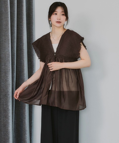 slattgir(スラットジール)の「高身長 シアーシャーリングチュニックブラウス(トールサイズ)Essenave(シャツ/ブラウス・レディース・ブルー/ブラウン・TLL/TL/TM/T3L)」の13枚目の写真