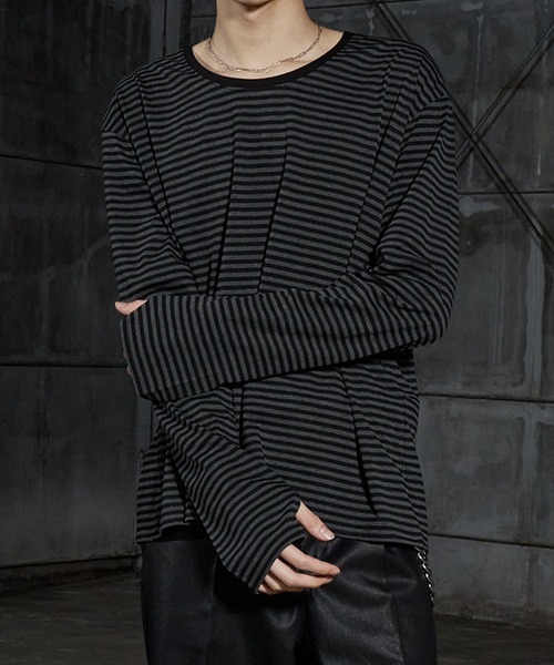 LANDNESS（ランドネス）の「【LANDNESS/ランドネス】U-Neck Finger-Hole Border L/S TEE/UネックフィンガーホールボーダーロングスリーブTEE（Tシャツ/カットソー・メンズ・ブラック/レッド/ホワイト・L/M/S）」の2枚目の写真