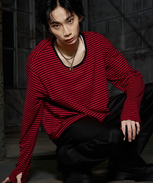 LANDNESS（ランドネス）の「【LANDNESS/ランドネス】U-Neck Finger-Hole Border L/S TEE/UネックフィンガーホールボーダーロングスリーブTEE（Tシャツ/カットソー・メンズ・ブラック/レッド/ホワイト・L/M/S）」の11枚目の写真