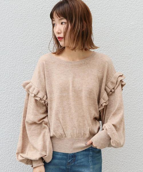 Another Edition(アナザーエディション)の「袖フリルプルオーバー ◆(ニット/セーター・レディース・ベージュ/パープル/ダークグレー・FREE)」の1枚目の写真