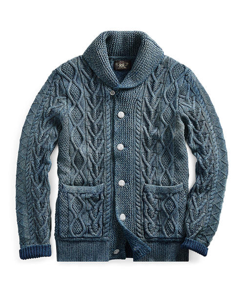 新品 RRL インディゴ アラン ショールカーディガン M リミテッド RRL インディゴ ショールカラー カーディガン ウール マールド