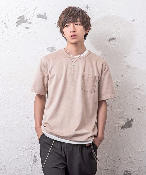 MinoriTY（マイノリティ）の「フェイクスウェード半袖Tシャツ+インナーTシャツ（2枚セット）アンサンブル（Tシャツ/カットソー・メンズ・カーキ/キャメル/ベージュ・M/L）」の2枚目の写真