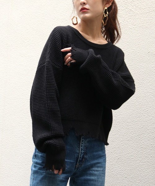 Avvenente（アベネンテ）の「【Avvenente】ダメージワッフルニット（ニット/セーター・レディース・ブラック/ベージュ/オフホワイト・M）」の12枚目の写真