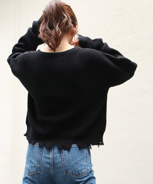 Avvenente（アベネンテ）の「【Avvenente】ダメージワッフルニット（ニット/セーター・レディース・ブラック/ベージュ/オフホワイト・M）」の13枚目の写真