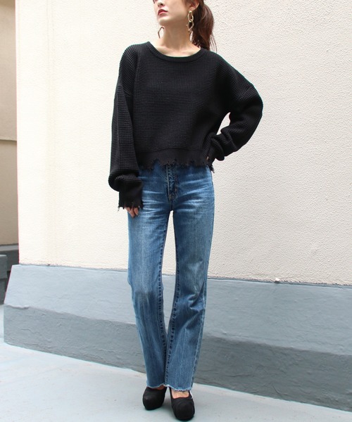 Avvenente（アベネンテ）の「【Avvenente】ダメージワッフルニット（ニット/セーター・レディース・ブラック/ベージュ/オフホワイト・M）」の14枚目の写真