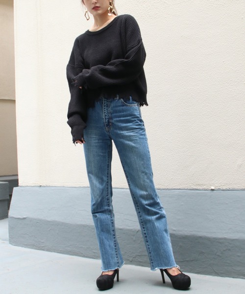 Avvenente（アベネンテ）の「【Avvenente】ダメージワッフルニット（ニット/セーター・レディース・ブラック/ベージュ/オフホワイト・M）」の15枚目の写真