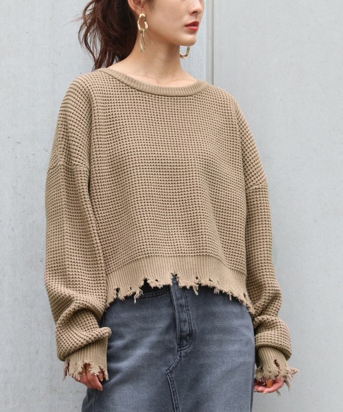 Avvenente（アベネンテ）の「【Avvenente】ダメージワッフルニット（ニット/セーター・レディース・ブラック/ベージュ/オフホワイト・M）」の18枚目の写真