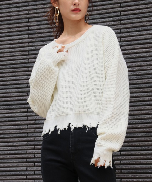 Avvenente（アベネンテ）の「【Avvenente】ダメージワッフルニット（ニット/セーター・レディース・ブラック/ベージュ/オフホワイト・M）」の11枚目の写真