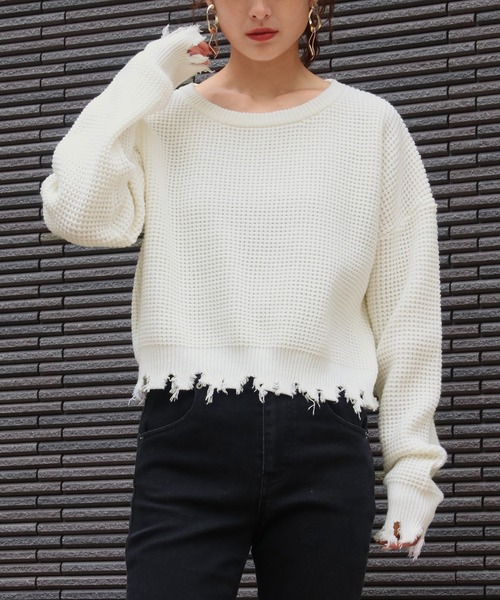 Avvenente（アベネンテ）の「【Avvenente】ダメージワッフルニット（ニット/セーター・レディース・ブラック/ベージュ/オフホワイト・M）」の10枚目の写真