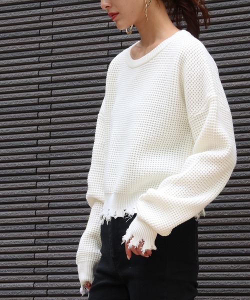 Avvenente（アベネンテ）の「【Avvenente】ダメージワッフルニット（ニット/セーター・レディース・ブラック/ベージュ/オフホワイト・M）」の9枚目の写真