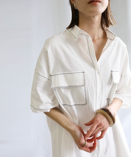 select MOCA(セレクトモカ)の「2021 SS ダブルポケットステッチデザインシャツ(シャツ/ブラウス・レディース・オフホワイト/ライトグリーン/ラベンダー・FREE)」の6枚目の写真