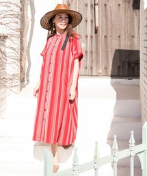 チャイハネ | 【チャイハネ】南インドの織り布 マルチストライプバンドカラーシャツワンピース(シャツワンピース)