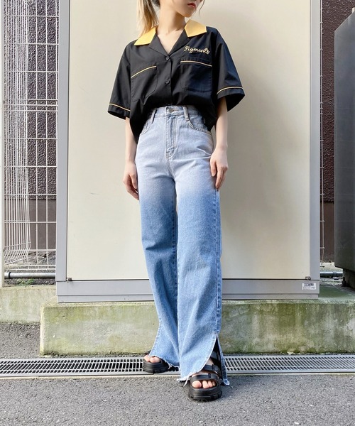 Figments(フィグメンツ)の「クロップドボーリングシャツ(シャツ/ブラウス・レディース・ブラック/ピンク/ブルー・FREE)」の7枚目の写真