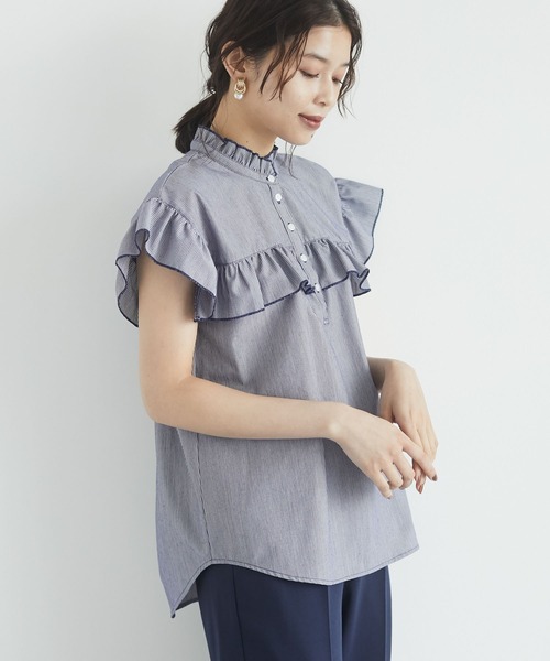 ELENCARE DUE（エレンカーレデュエ）の「ストライプフリルブラウス＊（シャツ/ブラウス・レディース・ネイビー/ブラウン・FREE）」の2枚目の写真