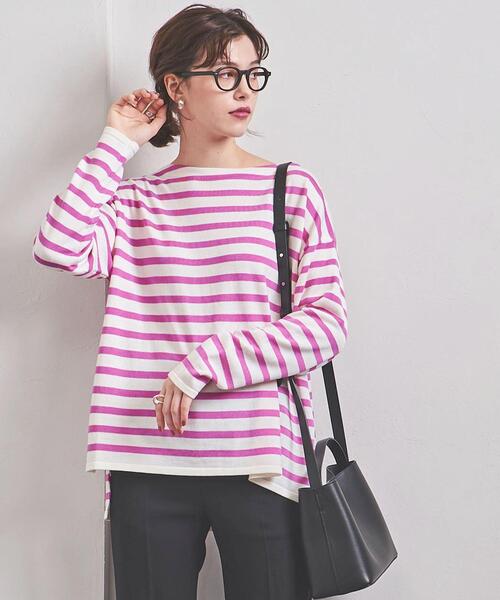 UNITED ARROWS（ユナイテッドアローズ）の「＜UNITED ARROWS＞W ボーダー ワイド スリット ニット W（ニット/セーター・レディース・ブラック/ピンク・FREE）」の2枚目の写真