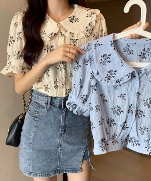 SONA（ソナ）の「SONYUNARA ブラックバラフリル半袖ブラウス（シャツ/ブラウス・レディース・ブルー/イエロー・FREE）」の3枚目の写真