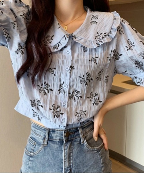 SONA（ソナ）の「SONYUNARA ブラックバラフリル半袖ブラウス（シャツ/ブラウス・レディース・ブルー/イエロー・FREE）」の13枚目の写真