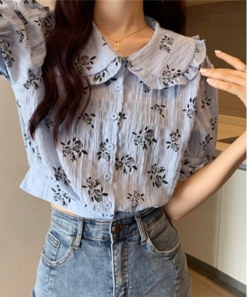 SONA（ソナ）の「SONYUNARA ブラックバラフリル半袖ブラウス（シャツ/ブラウス・レディース・ブルー/イエロー・FREE）」の12枚目の写真