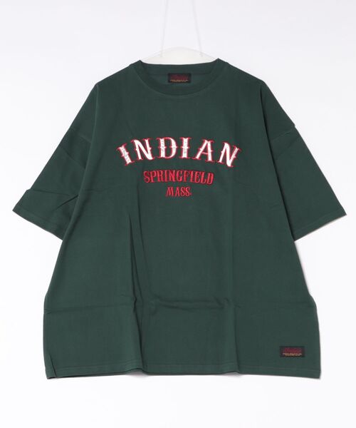 Mag.(マグ)の「【Bl】【INDIAN】サテンロゴ オーバーサイズTシャツ(Tシャツ/カットソー・メンズ・ダークグリーン/ホワイト・MEDIUM/LARGE)」の1枚目の写真