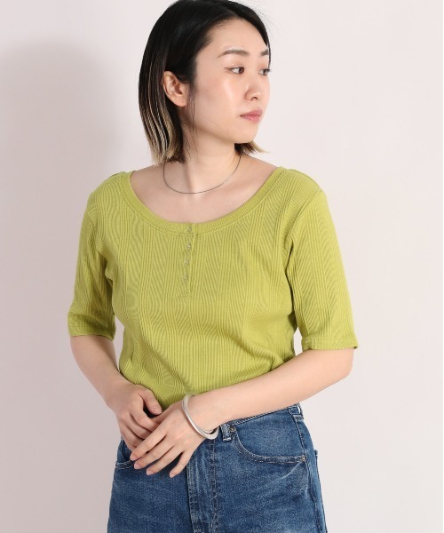 cepo（セポ）の「２ＷＡＹリブヘンリーＴｅｅ（Tシャツ/カットソー・レディース・ブラック/オフホワイト/グリーン・M）」の3枚目の写真